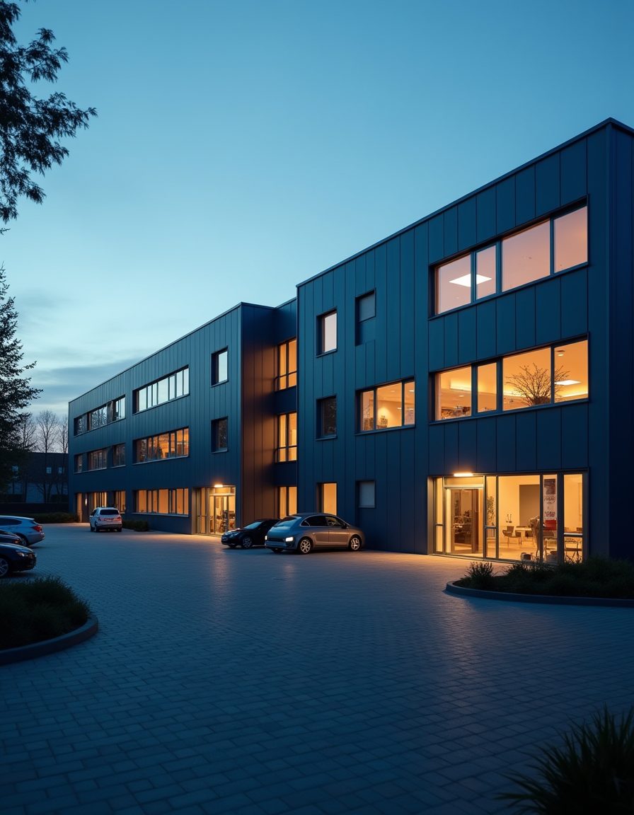 Bürogebäude eines mittelständischen Unternehmens in der Abenddämmerung