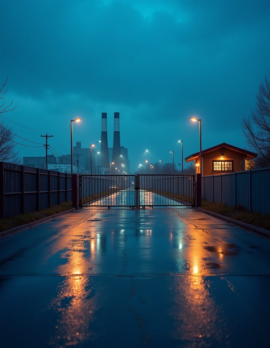 Werkstor eines Industriegeländes mit Schranke und Pförtnerhaus in der Dämmerung